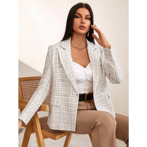 business plazacore tweed Plaid Print Double Breasted Blazer jacket - Picture 11 of 11
